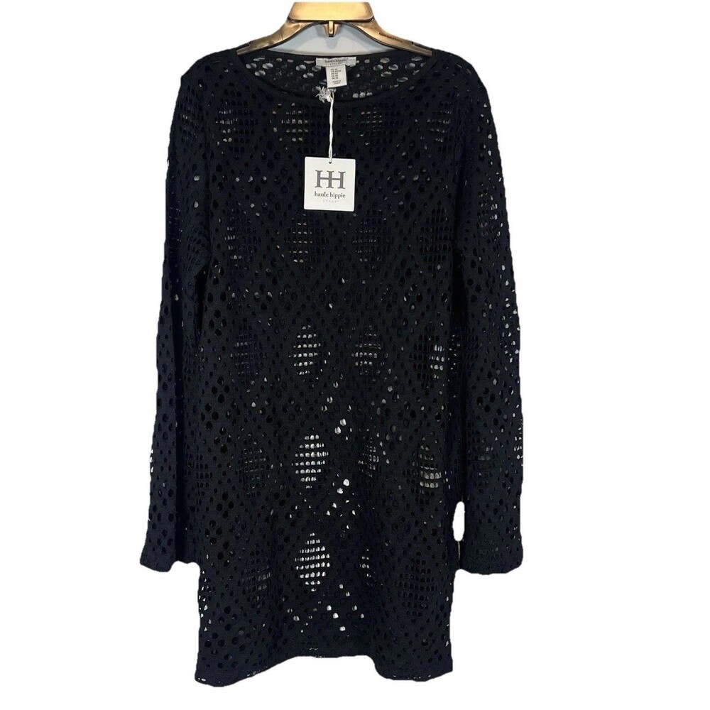 Haute Hippie Black Mesh Crochet Open Knit Long Sleeve Swim Cover Up Dress $98 XS